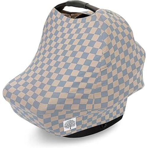 Parker Baby 4 in 1 Car Seat Cover for Girls and Boys - Stretchy Carseat Canopy, Nursing Cover, Grocery Cart Cover, High Chair Cover - "Stormy Blue Checker"