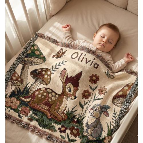 Bambi Thumper Personalized Woven Blanket, Custom Disney Forest Nursery Decor, Woodland Deer Baby Shower Gift, 100% Cotton Kids Tapestry