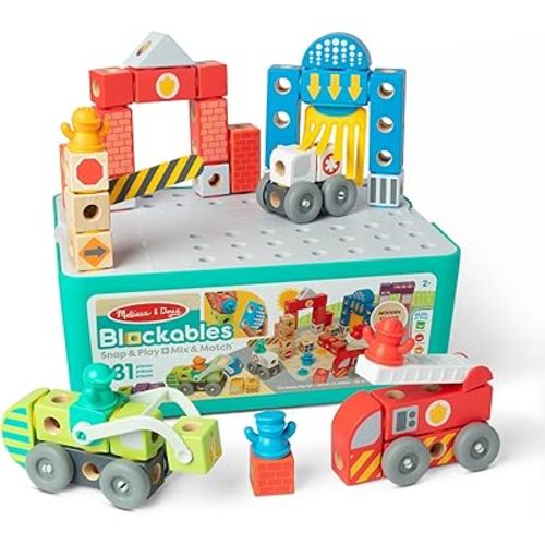 Melissa & Doug Blockables™ Deluxe City Snap and Play Amazon Exclusive, Mix and Match Connectable Wooden Building Blocks Play Set with Storage Bin and Play Lid (122 Pcs) - FSC Certified