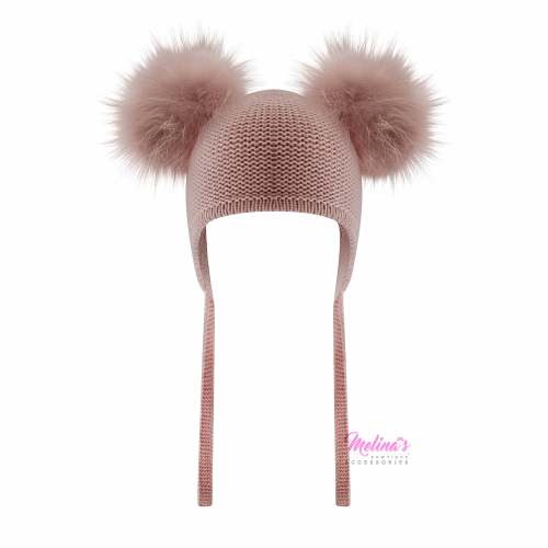 Blush Double Pom Angora Waffle Tie Hat