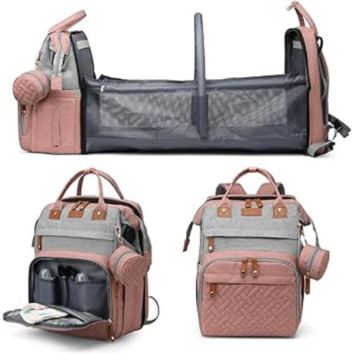 Jeryswet Baby Diaper Bags with Changing Station, Waterproof Large Capacity Diaper Bag Backpack for Moms Dads with USB Charging Port and Stroller Straps, Baby Shower Gifts, Pink-Grey
