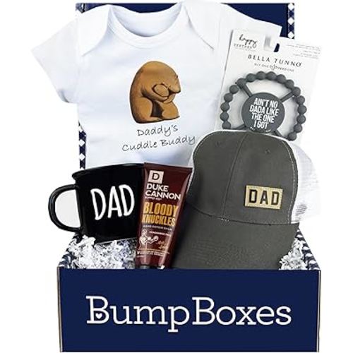 Bump Boxes, New Dad Gift Box with Mug, Hat, Teether, Onesie and Balm, Unique Kit for First time or Expecting Father, Fathers Gifts for Men