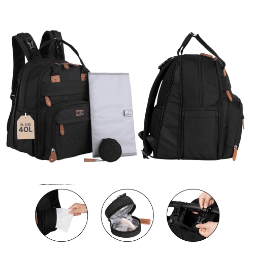 BabbleRoo, Diaper Bag Backpack, XL 40L, Waterproof, Black