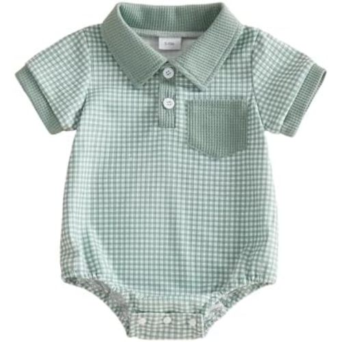 Newborn Baby Boy Summer Clothes Waffle Short Sleeve Lapel Button Romper Up Loose Fit Plaid Jumpsuit Baby Boy Outfit