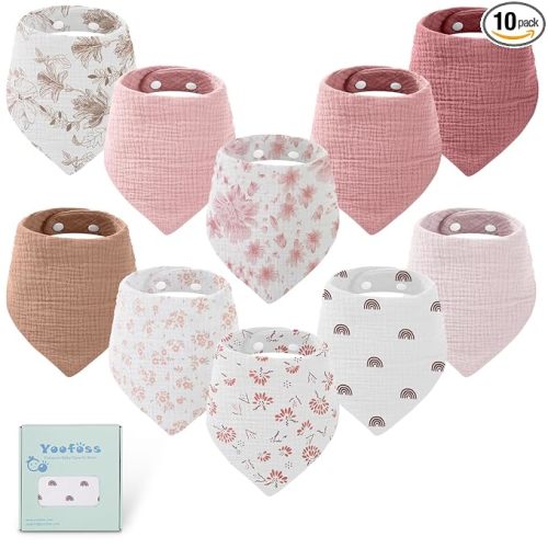 Yoofoss Muslin Baby Bibs 10 Pack 100% Organic Cotton 6-Layer Soft Absorbent Drool Bandana Baby Bibs for Drooling and Teething for Boys and Girls, Pink Flower