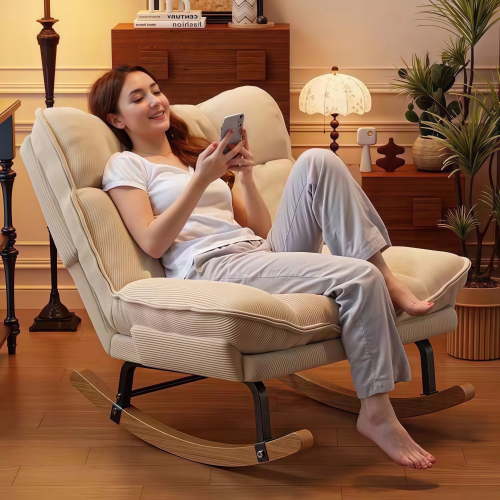 Keerffo Nursery Rocking Chair with Footrest,Corduroy Upholstered Lazy Recliner Lounge Chair, Single Sofa for Living Room, Rubber Wood Legs