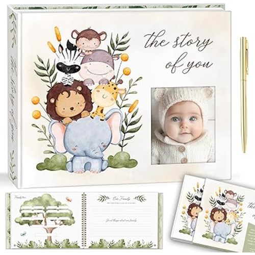 Baby Memory Book – “The Story of You” Keepsake Journal with Photo Slot, Zoo Animal Design, Gold Pen, Lay Flat Binding, Gift Box – 110 Full-Color Pages, 9x11.5 Inches