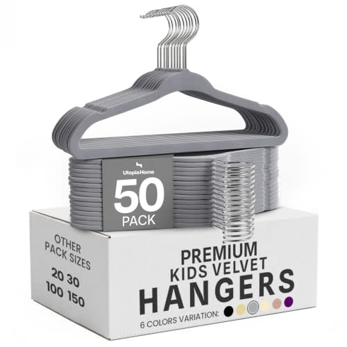 Utopia Home Kids Velvet Hanger 50 Pack – 11" Premium Baby Hangers - Grey | Premium Non-Slip Baby Hangers for Baby and Toddlers, Durable Ultra-Slim Space-Saving Closet Organizers