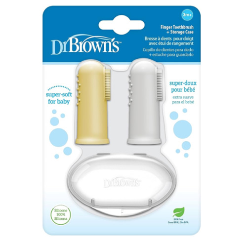 Dr. Brown's Silicone Finger Toothbrush for Baby with Travel-Storage Case, 3m+, Gray and Yellow, 2-Pack