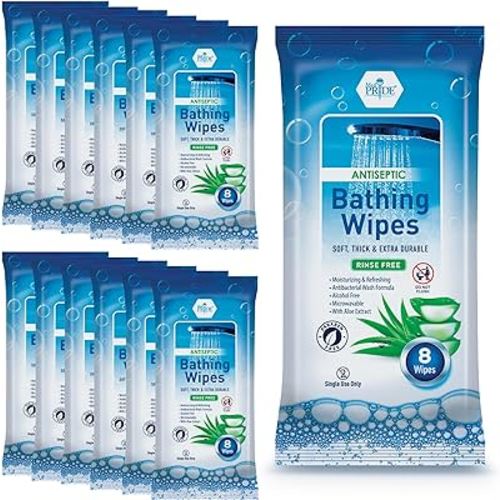 MED PRIDE Hospital Wipes for Bathing, Waterless Rinse Free Bath Wipes for Adults, Microwavable Soft Thick, 12 Packs (96 Count), Aloe Vera