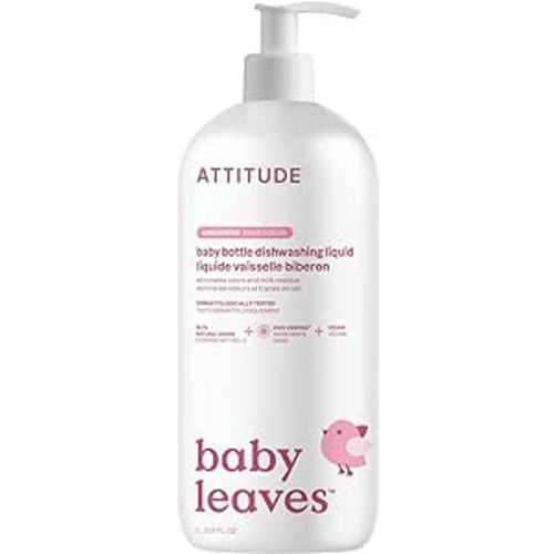 ATTITUDE Baby Dishwashing Liquid, 33.8 Fl Oz | EWG Verified, No Added Dyes or Fragrances, Tough on Milk Residue and Grease, Vegan, Unscented | Bottle Cleaner