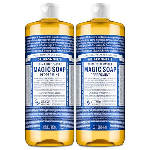 Dr. Bronner's Pure-Castile Magic Liquid Soap- Made with Regenerative Organic Oils- For Body, Face, Hair, Dishes, Pets, Laundry Natural, Vegan, Non-GMO - Peppermint, 32 oz (2-Pack)
