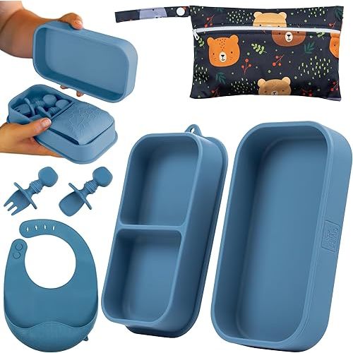 Travel Silicone Baby Feeding Essentials – Portable Toddler Plates with Suction, Soft Baby Spoon & Fork, Lightweight Foldable Silicone Bib & Waterproof Storage Bag – 6 Piece Set (dark blue)