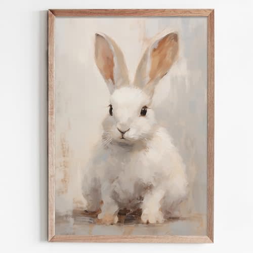 White Rabbit Painting Baby Animal Pictures Farmhouse Rabbit Wall Art Nursery Animal Painting Cute Bunny Pictures Watercolor Nursery Prints Bunny Canvas Wall Art for Bedroom 16x24in Frameless