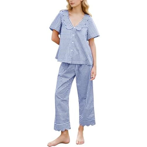 Kissonic Womens Gingham Pajama Set 2 Piece Ruffle Plaid Babydoll Pjs Cotton Button Down Fall Cute Sleepwear Lounge Set