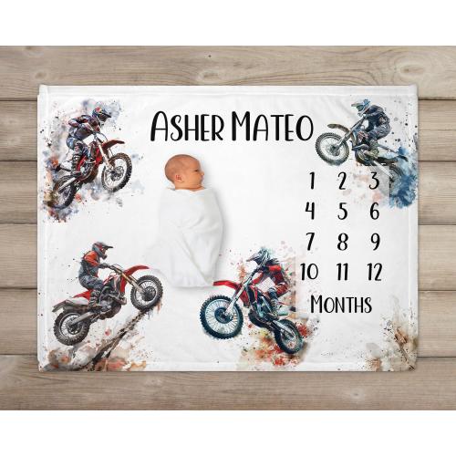 Custom Motocross Milestone Blanket, Personalized Baby Boy Dirt Bike Blanket, Baby Shower Gift, Motorcycle Keepsake, New Mom, Newborn Gift,