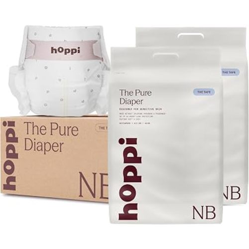 Hoppi Pure Baby Diapers Newborn, 124 Count, Up to 11 lbs