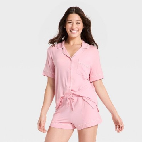 Women's Cloud Knit Short Sleeve Notch Collar Shirt and Shorts Pajama Set - Auden™ Light Pink L