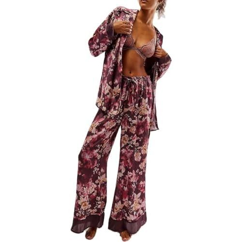 Arssm Satin Pajama Set for Women Silk Pajamas Set 2 Piece Floral Pj Set Long Sleeve Button Down Pjs Sleepwear