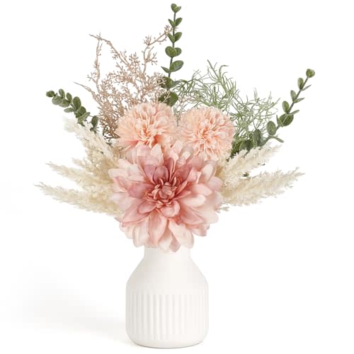 Mkono Small Artificial Flowers in Ceramic Vase 13.5" Centerpieces Coffee Table Decor, Silk Flower Arrangements for Home Decor Indoor Fake Flower Bouquet for Bathroom Dining Room Kitchen Wedding Pink