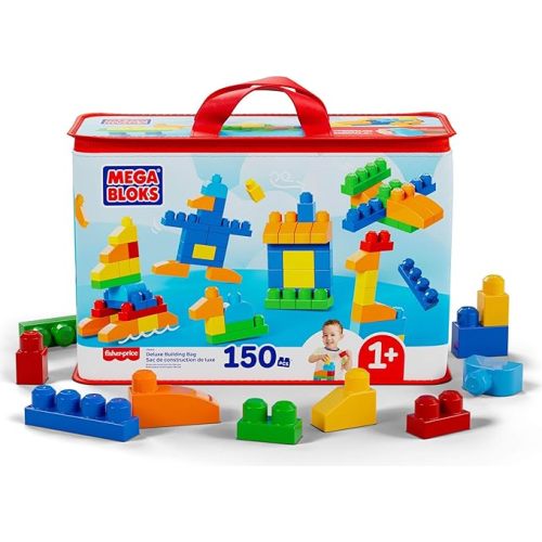 MEGA BLOKS First Builders Toddler Blocks Toys Set, Deluxe Building Bag with 150 Pieces and Storage, Creative Open-Ended Play, Blue, Ages 1+ Years (Amazon Exclusive)