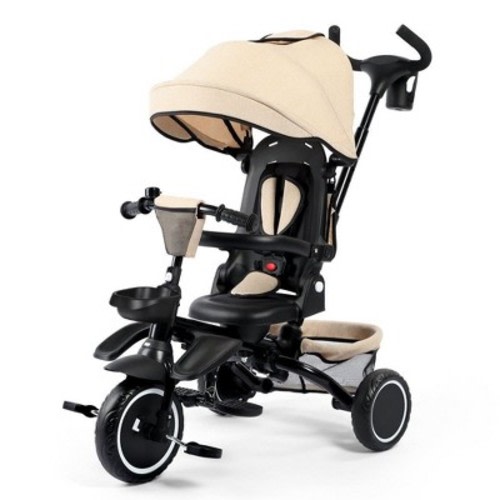 Kinder King 8 in 1 Kids Tricycle Folding Toddler Trike w/Adjustable Push Handle, Khaki