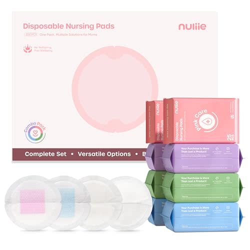 Nuliie 200 PCS Disposable Nursing Pads, Ideal for First-Time Buyers to Find Perfect Match, 4 Materials Trial (Viscose from Bamboo, Classic, Blue Core, Pink Care), Breastfeeding Essentials for New Moms