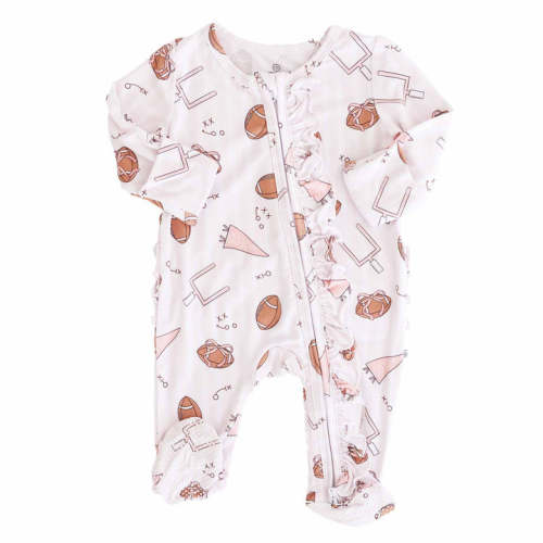 Tiny Touchdowns Ruffle Zipper Footie in Pink | Caden Lane - 0-3 mo