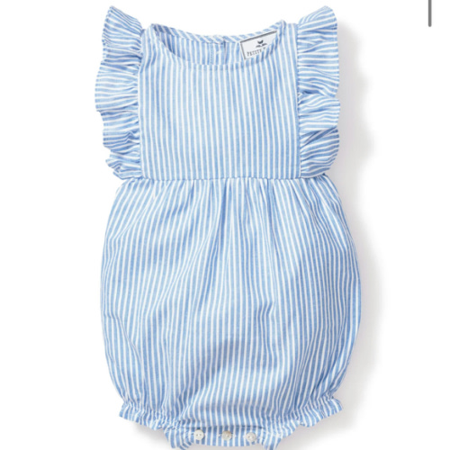 Baby's Twill Ruffled Romper in French Blue Heritage Stripe