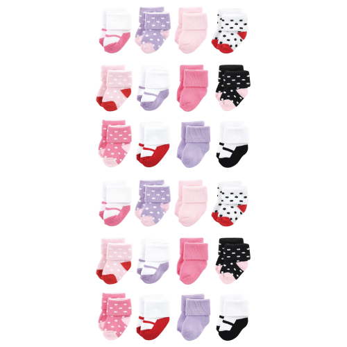 Luvable Friends Cotton Rich Baby Terry Socks 24-Pack, Coral Lilac Mary Janes, 0-6 Months