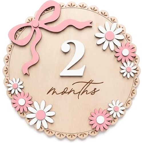 Baby Monthly Milestone Signs, 6 inch Wooden Disc with Interchangeable Numbers 1-12, Double-Sided Month Months, Pink Floral with Bow, Hello World Newborn Birth Announcement Sign (Round)