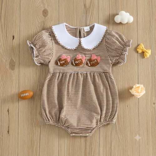 Baby Girl Football Romper | Striped Game Day Jumpsuit | Smocked Football Embroidery Bodysuit | Short Sleeve Doll Collar Summer Infant Outfit