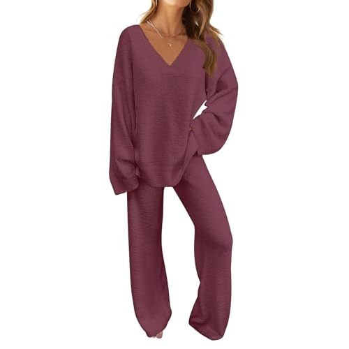 MEROKEETY Women's Fall Lounge Sets 2026 Fashion 2 Piece Outfits Sweater Pajama Set Fuzzy Loungewear Matching Winter Clothes