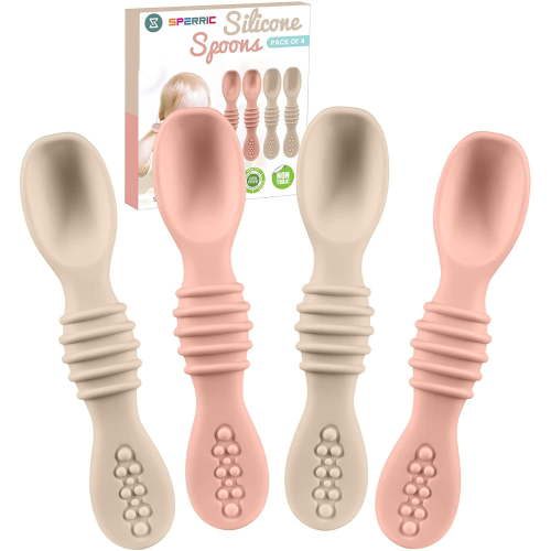 Silicone Baby Spoons for Baby Led Weaning 4-Pack, First Stage Baby Feeding Spoon Set Gum Friendly BPA Lead Phthalate and Plastic Free, Great Gift Set (Rose Quartz)