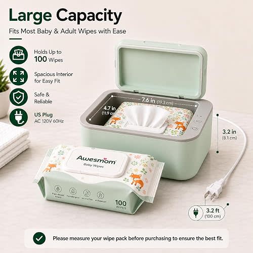 Baby Wipe Warmer, 3-Level Temperature Control, Quiet and Even Heating, Large Capacity for Diaper Changes – Green
