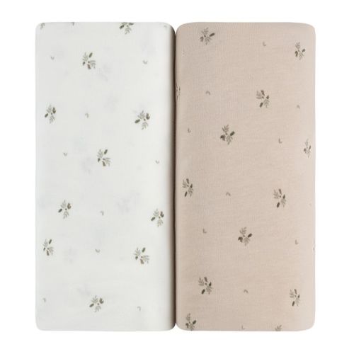 Aurora Fitted Bassinet Sheet Set - 2 pk - 100% Jersey Knit Cotton - Ivory/Sage Floral Printed