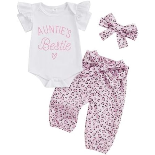 Aunties Bestie Baby Girl Clothes Aunt Saying Letter Embroidery Ruffle Romper Leopard Pant Headband 3Pcs Summer Outfit