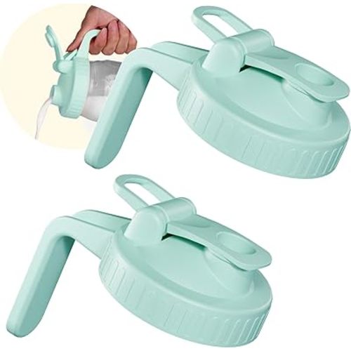 2 Pack Wide Mouth Mason Jar Lids with Leak-Proof Seal, Mason Jar Pour Spout Lid with Flip Cap and Handle, Plastic Canning Lids for Milk, Salad, Dressing, Drinking Storage Bottle, Green