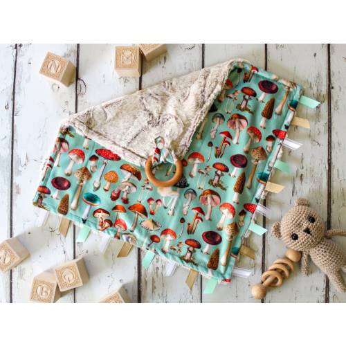 Forest Mushroom Minky Baby Lovey: Personalized Security Blanket with Wood Ring and Ribbon