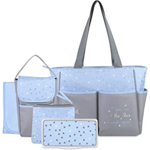 Diaper Bag Tote 5 Piece Set with Sun, Moon, and Stars, Wipes Pocket, Dirty Diaper Pouch, Changing Pad (Grey/Blue)