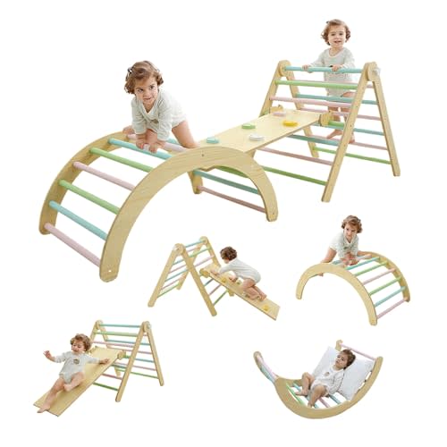EVLIQUIL Foldable Pikler Triangle Set 5-in-1, Wooden Montessori Climber for Toddlers with Climbing Ramp, Arch & Ladder, Indoor Jungle Gym for Babies 1-3 Years, Natural Wood Color