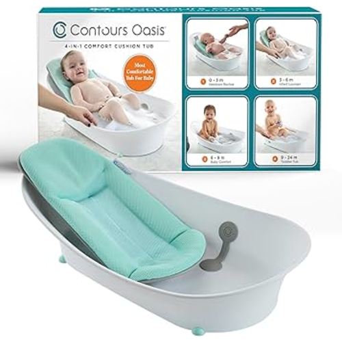 Contours Oasis 4-in-1 Baby Bathtub, Infant Bath Seat, Newborn Toddler Support, Portable, Quick-Dry Mesh Pad, Grow-with-Me, Comfortable, Cleanable, Compact, Non-Slip Base, Blue and White, 0-24 Months