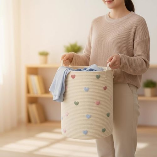 LemonRoad Laundry Hamper Large Cotton Rope Storage Basket for Blankets Toys Clothes, Woven Decorative Storage Bucket for Nursery Bathroom Bedroom Organizer, 60 L(Macaron Heart)