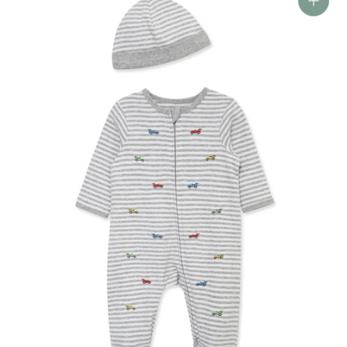 Race Cars 2-Way-Zip Footed One-Piece and Hat