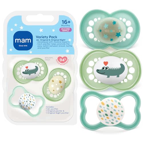 Pacifier, 16+ Months, Variety Pack (1 Original, 1 Air + 1 Night Pacifier), Unisex 3-Count