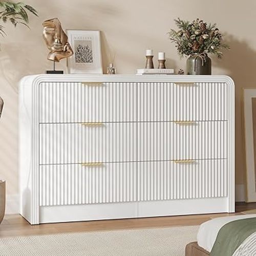 Fluted Drawers Dresser for Bedroom, Wood Dressers with Gold Handles, Modern Dressers with Wave Texture, Large Storage Chest of Drawers, Bedroom Dresser Organizer 47'' & 6 Drawers (Pure White)