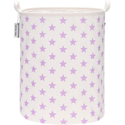 Sea Team Collapsible Canvas Fabric Laundry Hamper with Handles, Cylindric Waterproof Storage Basket, Closet Organizer, 19.7 x 15.7 Inches, Purple Star