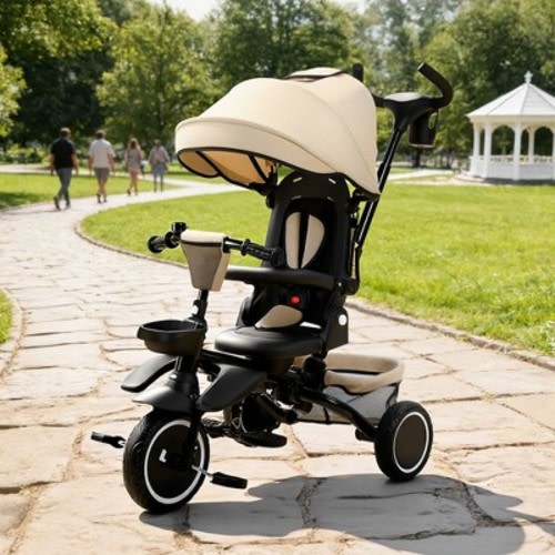 TODECARE 8-in-1 Kids Folding Tricycle with Adjustable Push Handle, Kakhi