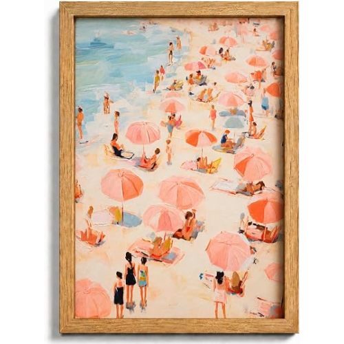 Framed Pink Beach Umbrella Canvas Wall Art,Coastal Picture Wall Decor