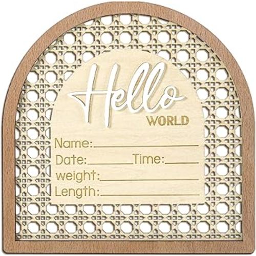 Baby Announcement Sign, 5.5in Wooden Arched Baby Shower Welcome Sign, Hello World Newborn Welcome Signs Birth Name Tag, Can be Used for Photo Props, Nursery, Newborn Gift